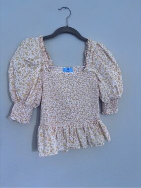 CeCe Cream and Yellow Floral Smocked Peplum Puff-Sleeve Top